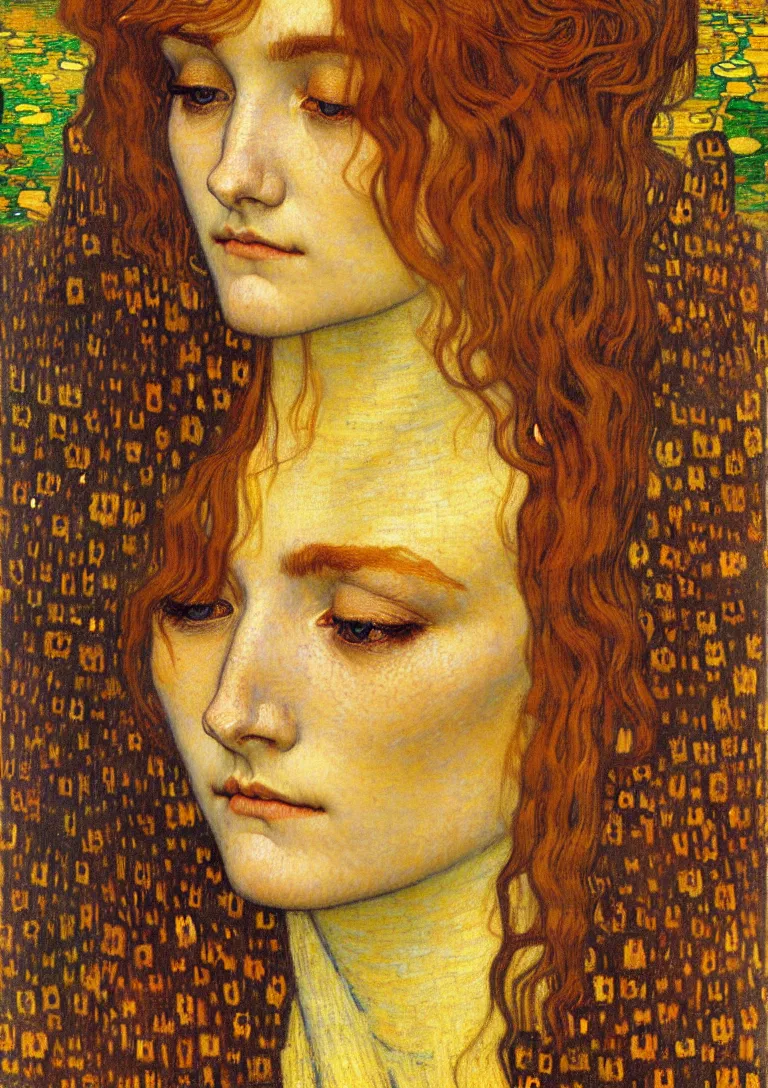 Image similar to detailed realistic beautiful young medieval queen face portrait by jean delville, gustav klimt and vincent van gogh, art nouveau, symbolist, visionary, gothic, pre - raphaelite, muted earthy colors, desaturated