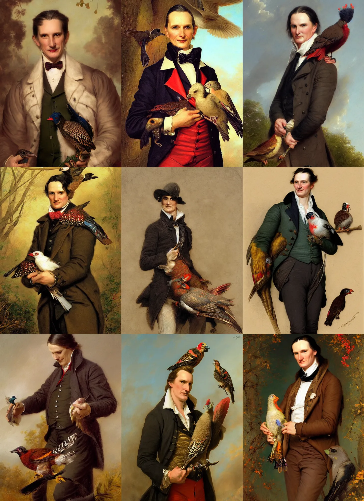 Prompt: formal portrait of john james audubon holding one woodpecker. digital art by eugene de blaas, ross tran, and nasreddine dinet, vibrant color scheme, intricately detailed, in the style of romanticism. artstation, greg rutkowski