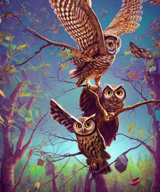 Image similar to a single realistic owl, flying in a psychedelic forest, wide angle landscape shot, pixar style by tristan eaton, artgerm and tom bagshaw