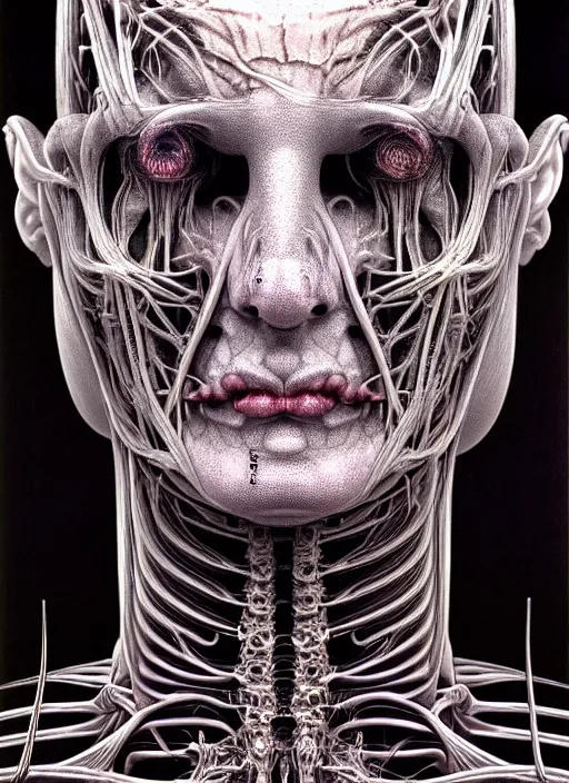 Image similar to portrait of neural nightmares by yoshitaka amano and HR Giger, detailed face face face face, facial structure, hd, 8k, very very very very electronic, biomechanical, biology, bio, neural machine, single subject