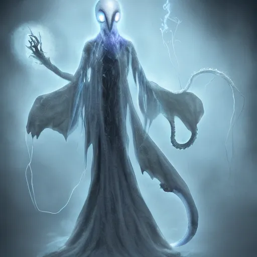 Prompt: concept designs for an ethereal ghostly wraith like figure with a squid like parasite latched onto its head and long tentacle arms that flow lazily but gracefully at its sides like a cloak while it floats around a frozen rocky tundra in the snow searching for lost souls and that hides amongst the shadows in the trees, this character has hydrokinesis and electrokinesis for the resident evil village video game franchise with inspiration from the franchise Bloodborne and the mind flayer from stranger things on netflix