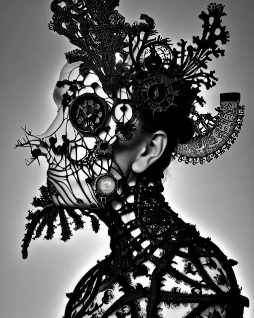 Image similar to surreal dark poetic black and white photo portrait of complex bio-mechanical beautiful young female vegetal-cyborg with a Mandelbrot fractal steampunk metal fine lace face, a very long neck and a fine metal floral foliage super big lace collar by Alexander McQueen:: smoke, high fashion, haute couture, rococo, steampunk, silver filigree details, anatomical, facial muscles, cable wires, microchip, elegant, dreamy, foggy atmosphere, hyper realistic, 150 mm lens, soft rim light, octane render, unreal engine, picture was taken in 1910 by Man Ray, volumetric lighting, dramatic light,8k,