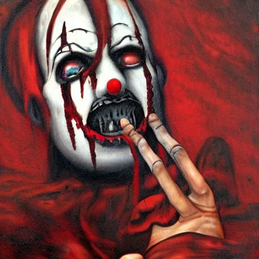 Image similar to nightmare clown drowning in his sorrows and depression, surrealist horror painting with soft, gothic red black and brown colors. soft paint strokes evoking profound sadness, killer clown spiraling into hopelessness. renaissance oil painting, incredibly detailed.