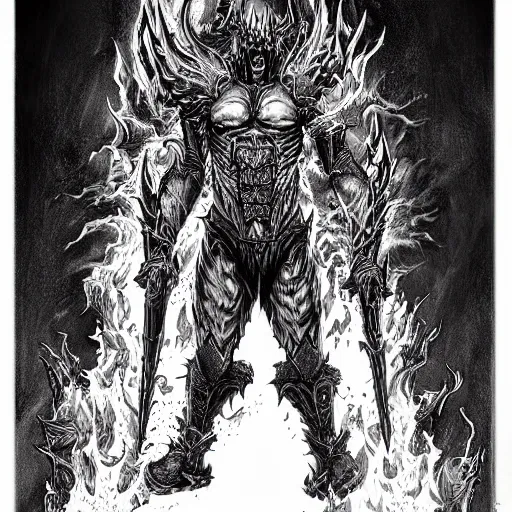 Prompt: full body character concept art diablo lord of terror engulfed in flames, detailed ink drawing by Dmitriy Tkach