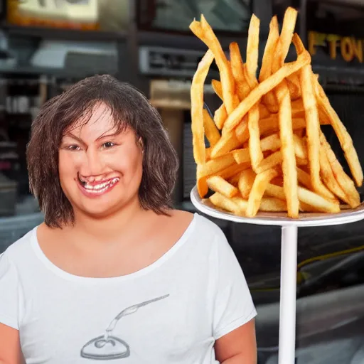 Image similar to comically large french fry next to person