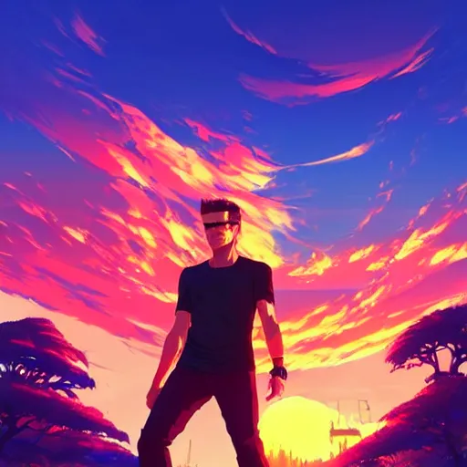 Image similar to Paul Wesley, sunset background, intricate, highly detailed, digital painting, artstation, official media, anime key visual, concept art, rich vivid colors, ambient lighting, sharp focus, illustration, art by Artgerm, Makoto Shinkai, Ilya Kuvshinov, Lois Van Baarle, and Rossdraws