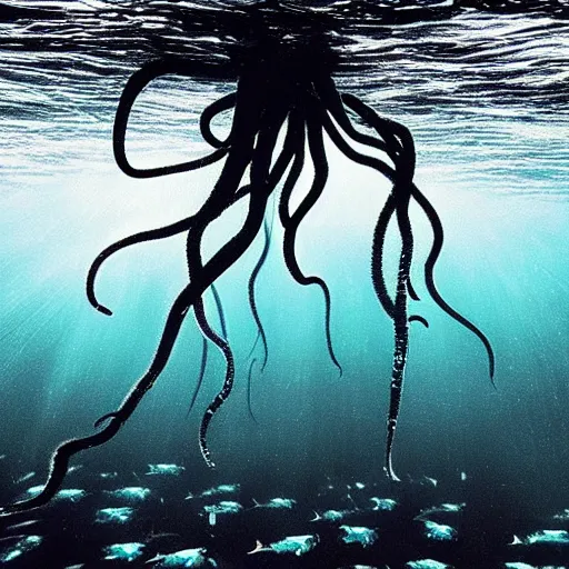 Image similar to “a swarm of black tentacles underwater, underwater photography, trending on artstation, crepuscular rays, deep blue dark water background, abyss, horror”