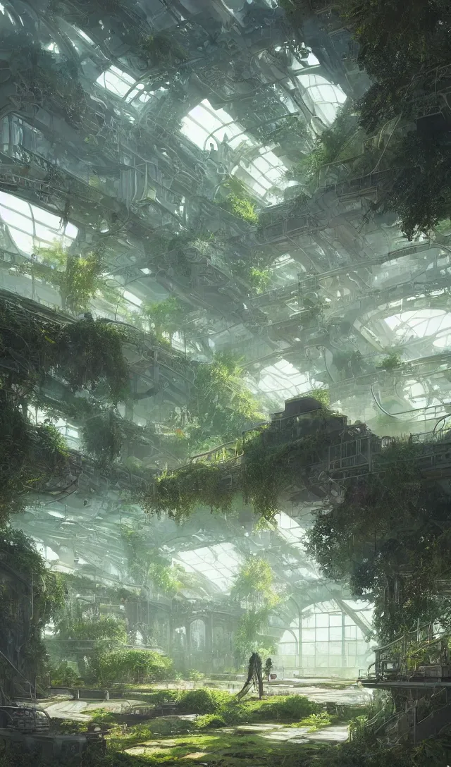 Prompt: vanishing point, green house, spaceship, plants, viewed from afar, stephen bliss, misty, unreal engine, fantasy art by greg rutkowski, loish, ferdinand knab, and lois van rossdraws, global illumination, radiant light, minimalist, detailed and intricate environment