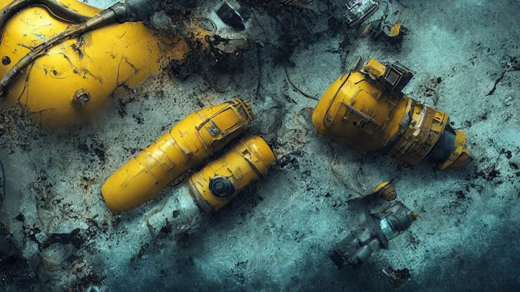 Image similar to a photorealistic dramatic hyperrealistic underwater render of an deep sea submersible, ultra realistic details, glossy yellow, well worn, rust, oil stains by vitaly bulgarov and mike nash, beautiful dramatic dark moody tones and lighting, cinematic atmosphere, global illumination, shadows, dark background, octane render, 8 k