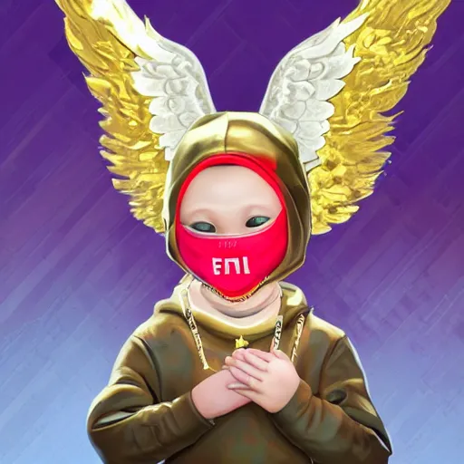 Prompt: baby Angel, baby cherub,wearing angel, face covered, Gucci, x logo, cross, Chanel, halo, ski mask, balaclava, face covered, wearing angel halo covered face, orange hoodie, hip hop, multiple golden necklaces, fantasy art apex fortnite Video game icon, 2d game art gta5 cover , official fanart behance hd artstation by Jesper Ejsing, by RHADS, Makoto Shinkai and Lois van baarle, ilya kuvshinov, rossdraws