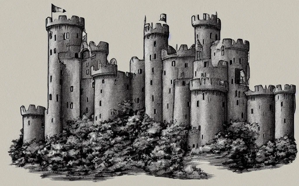 Prompt: a boring old castle illustration