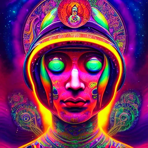 Prompt: An extremely psychedelic experience, colorful, surreal, dramatic lighting, cosmonaut, LSD, cyberpunk Tibetan bodhisattva, detailed, intricate, elegant, highly detailed, digital painting, art nouveau, tarot, artstation, concept art, smooth, sharp focus, illustration, art by Sam spratt, dan mumford, Artem Demura and alphonse mucha