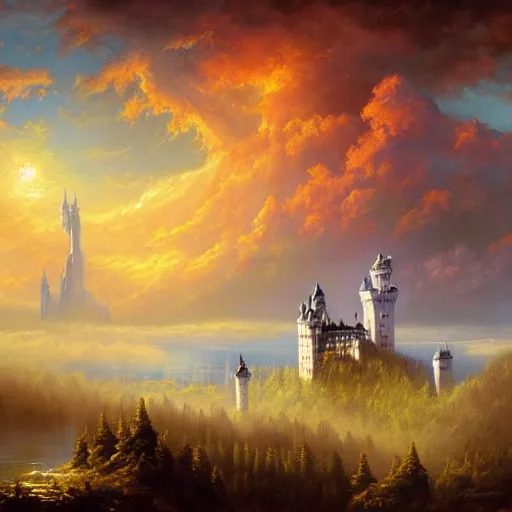 Prompt: highly detailed fantasy art, artstation style, artstation form, castle neuschwanstein floating in the sky, surrounded by clouds, surreal dreamscape, painting by paul lehr and mark Keathley