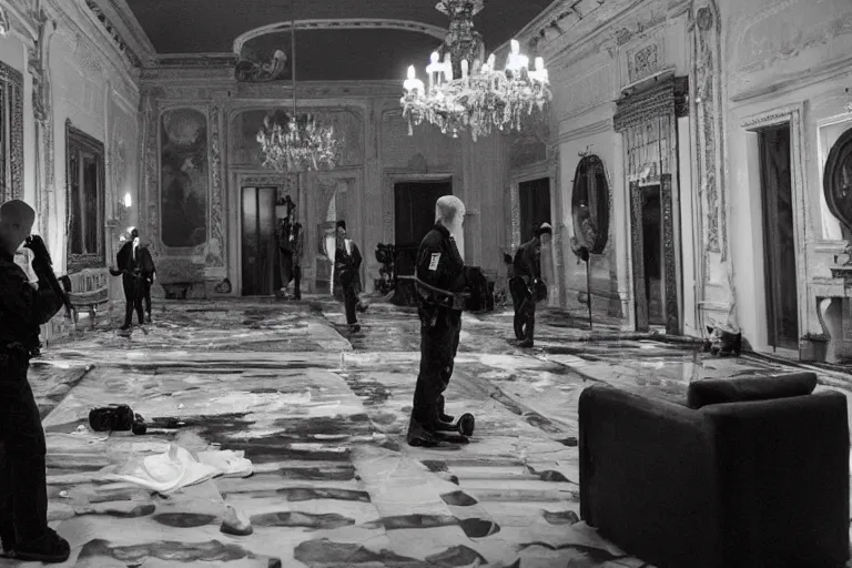 Prompt: cinematography of detectives investigating a crime scene in an decadent palace foyer by Emmanuel Lubezki