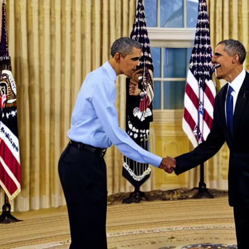 Prompt: president obama awarding president obama a medal on a necklace