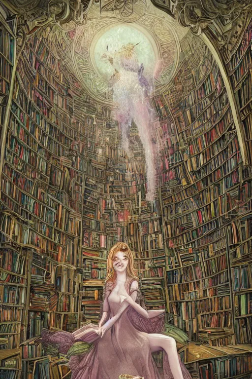 Prompt: elaborately hyper detailed comic illustration of an extremely beautiful arcane witch in a library with her cat surrounded by books, a mist and ethereal pink bubbles, regal, Art Noveau, Aetherpunk, atmospheric lighting, dreamscape maximized, high fantasy professionally painted digital art painting, smooth, sharp focus, highly detailed illustration highlights, backlight, golden ratio, 8K detail post-processing, symmetrical facial features, rich deep moody colors, award winning picture, featured on DeviantArt, trending on cgsociety