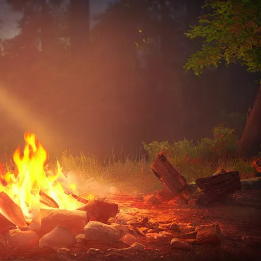 Image similar to a campfire in a surreal world, 8k resolution concept art hyperdetailed trending on Artstation Unreal Engine ominous photorealistic sunshine rays colourful beautiful bokeh ambient occlusion, dynamic lighting, stunning visuals, creative, concept art, trending on art station, ultra detailed