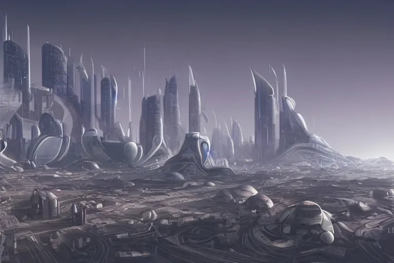 Image similar to Futuristic utopian city on Mars from a distance, wide angle shot