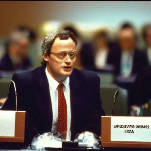 Image similar to 1990s Hi-8 footage of Napoleon speaking to the United Nations, candid portrait photograph, 40mm