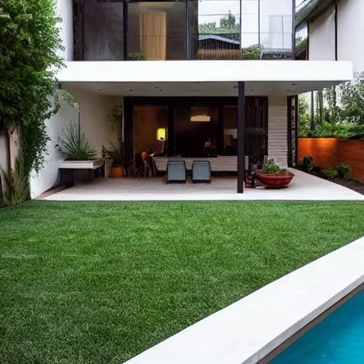 Prompt: small elongated concrete backyard, modern style.