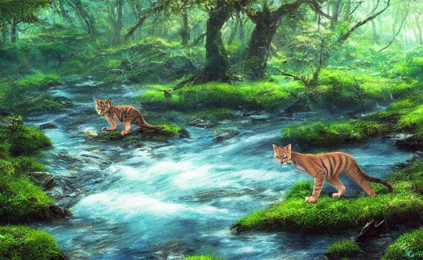 Prompt: wild cats in a clear water stream in a mossy fantastical forest, oil painting by Makoto Shinkai