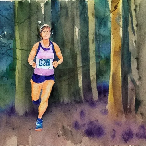 Prompt: a female orienteer runs in the forest, watercolor on canvas.