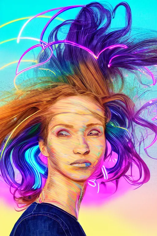 Image similar to a award winning half body portrait of a beautiful woman with stunning eyes in a croptop denim jacket and cargo pants with ombre rainbow hairstyle head in motion and hair flying while dancing by thomas danthony, surrounded by whirling illuminated lines, outrun, vaporware, shaded flat illustration, digital art, trending on artstation, highly detailed, fine detail, intricate