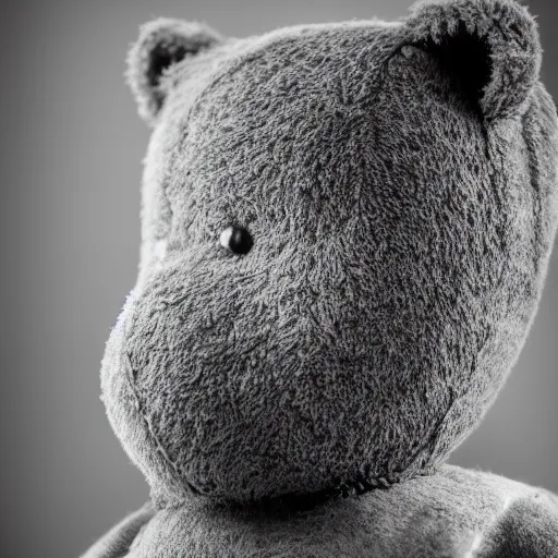 Image similar to Portrait studio photograph of Kanye West and also a anthropomorphic teddy bear, close up, shallow depth of field, in the style of Felice Beato, Noir film still, 40mm