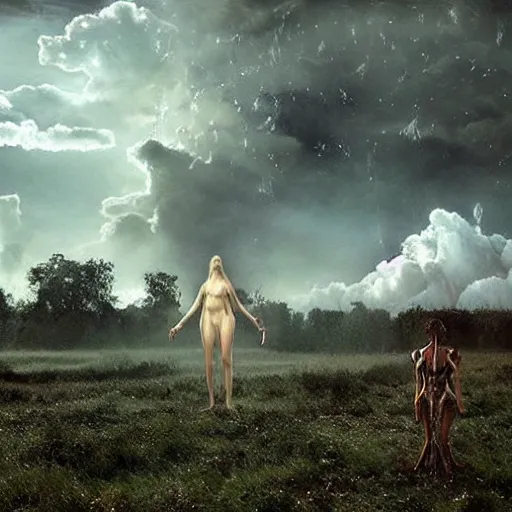 Prompt: a crowd of time traveller shamans landing to planet earth, suspepended by biomechanoid cumulonimbus witchcraft brujo geysers energy portals, guided by hyphae gigantic goddess, embracing clouds and nature with her skin incantantions and conjures, lucasfilm, gregory crewdson