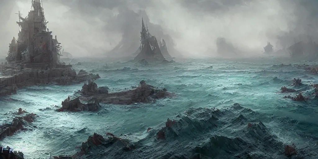 Prompt: highly detailed matte painting of a troubled sea, blood, by marc simonetti and greg rutkowski