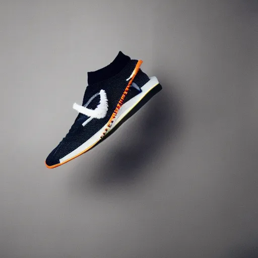 Image similar to a studio photoshoot of a heritage Nike Off-white waffle running shoe designed by Virgil Abloh, soft suede with knitted mesh material, rubber Waffle outsole, realistic, color film photography by Tlyer Mitchell, 35 mm, graflex