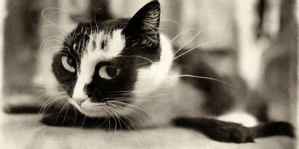 Image similar to very old black and white photo from 1898, film grain, a very surprised cat with large eyes looks into your soul