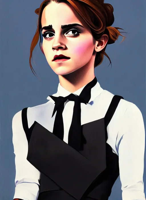 Image similar to a ultradetailed beautiful panting of emma watson wearing a stylish shirt with a tie, she has black hair, dancing, background explosion, by jesper ejsing, ilya kuvshinov, greg rutkowski on artstation