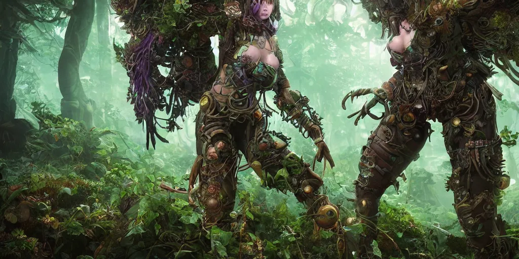 Image similar to hyper detailed female earth mage, high quality character design, action pose : : spotlight, magicpunk, biopunk, forestpunk, forest, mushrooms, high detail, 8 k, oled, shadows, reflections, digital art, official art, octane render, dynamic camera angle, unreal engine, dollpunk