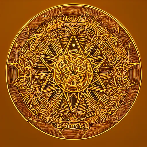 Prompt: intricate and detailed arcane symbol, circular, symmetrical, golden hues, artstation, 4 k
