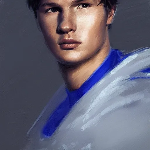 Prompt: portrait of a man by greg rutkowski, he looks like ansel elgort, he is wearing a blue and white kevlar gear with a cape, highly detailed portrait, digital painting, artstation, concept art, smooth, sharp foccus ilustration, artstation hq