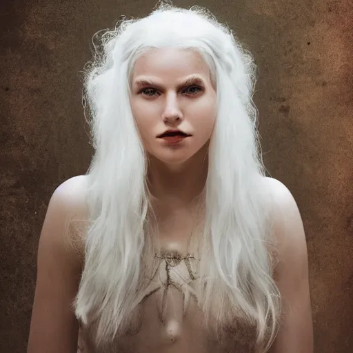 Image similar to a pale girl with white hair wears a crown of an animal skull, cinematic lighting, ultra detailed