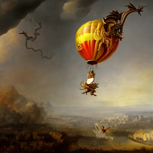 Image similar to baroque painting of a hot air balloon being attacked by a medieval flying dragon, extremely detailed, render, 4K