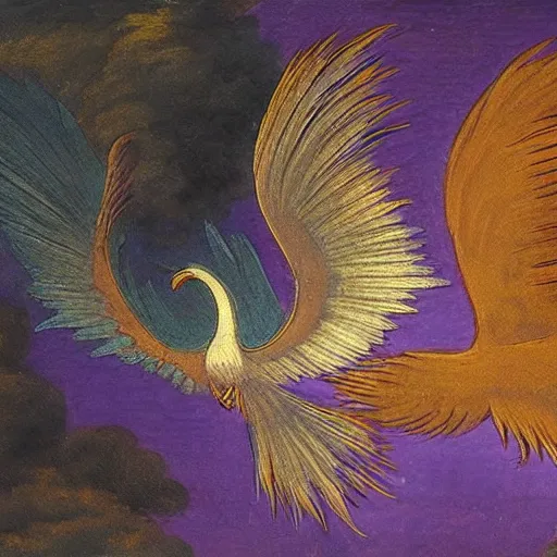 Image similar to a pidgeon and a pheonix flying in a circular symbol in the style of a renaissance painting in purple and gold