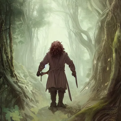 Image similar to A beautiful digital painting of a 30 year old hobbit dressed as a hobbit in the mirkwood forrest holding sting the sword looking at the camera by Stanley Artgerm Lau, frank frazetta, Rossdraws, James Jean, gerald brom, Andrei Riabovitchev, Marc Simonetti, and Sakimichan, trending on artstation, SFW version