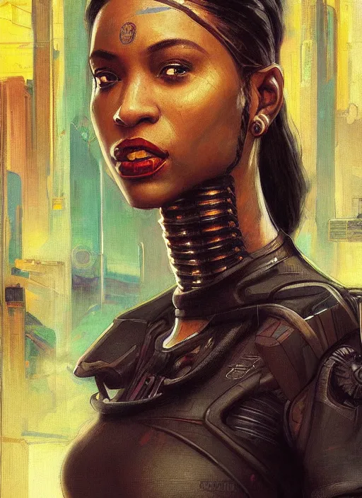 Prompt: Sophie Igwe. Strong Beautiful Cyberpunk mechanic with robotic legs. (Cyberpunk 2077, bladerunner 2049). Gorgeous face. Iranian orientalist portrait by john william waterhouse and Edwin Longsden Long and Theodore Ralli and Nasreddine Dinet, oil on canvas. Cinematic, vivid colors, hyper realism, realistic proportions, dramatic lighting, high detail 4k