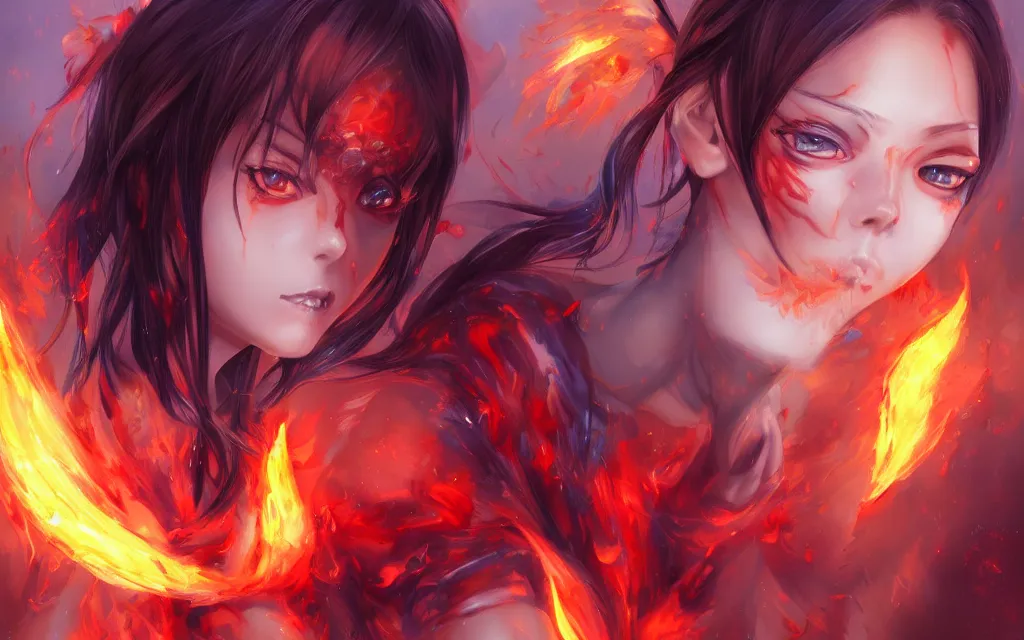 Image similar to A realistic anime portrait of a beautiful fire spirit twins with glowing red eyes and firey skin wearing clothes made of flames, digital painting, by Stanley Artgerm Lau, Sakimichan, WLOP and Rossdraws, digtial painting, trending on ArtStation, SFW version