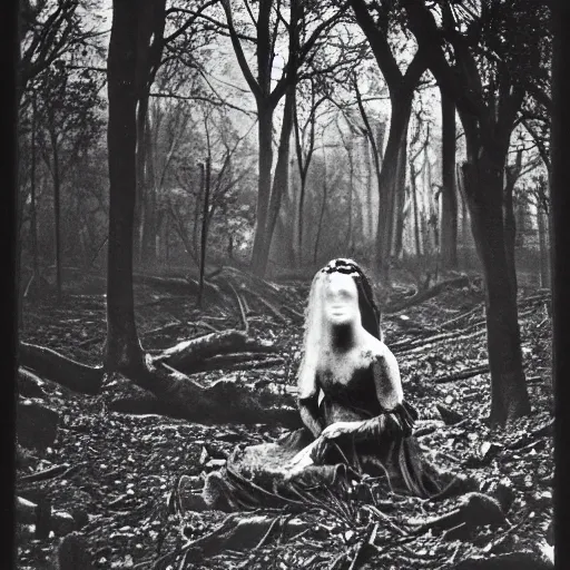 Image similar to spooky 1860 photo of an ancient girl demon devouring the human kind on a dark forest