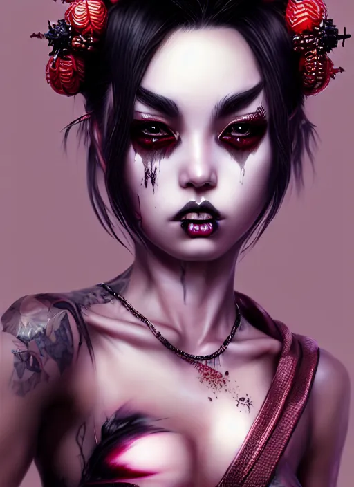 Image similar to soft lustrous ebony geisha seductive raver yakuza gothic gutter punk, urban decay dark fantasy, dark art, highly detailed, digital painting, octane render, artstation, concept art, smooth, sharp focus, illustration, art by artgerm, loish, wlop