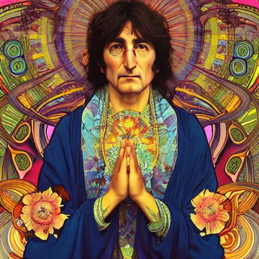 Prompt: john lennon bodhisattva, praying, prayer hands, psychedelic portrait art by artgerm and greg rutkowski and alphonse mucha