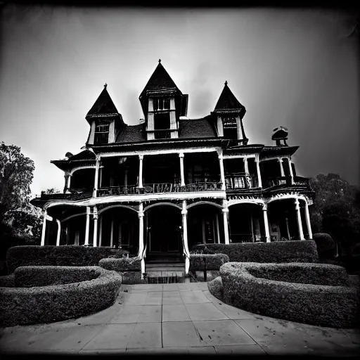 Prompt: lomo photo of haunted mansion, dark, scary, moody, gloomy, foggy