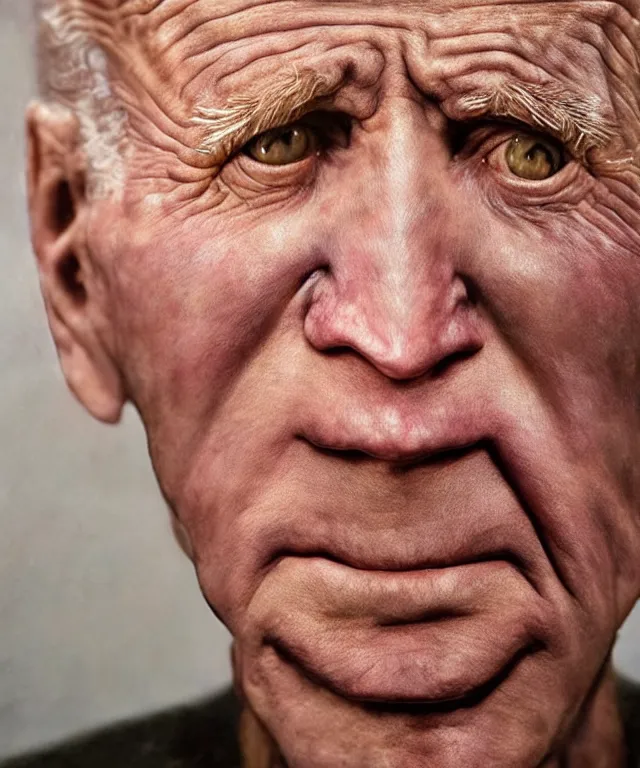 Prompt: hyperrealistic close up studio portrait of aging old Joe Biden age 103 wrinkled sad, oil painting by Ivan Albright and Lucian Freud and Ron Mueck, trending on artstation Studio lighting hyperrealism