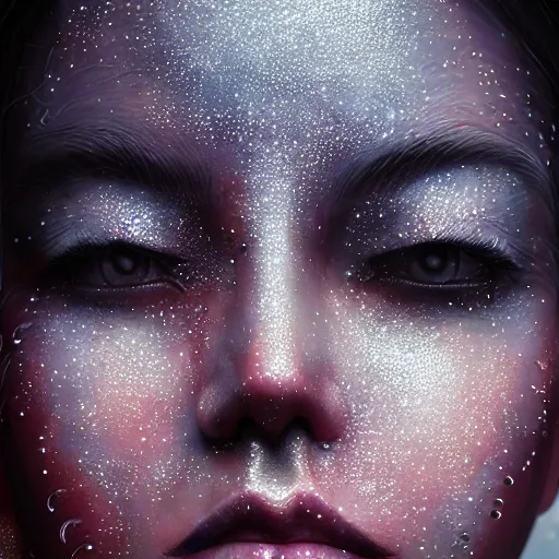 Prompt: closeup of sweating forehead, big drops of sweat, airbrush painting, forehead only, by Hajime Sorayama, symmetric face, beautiful face, highly realistic, star flares, trending on artstation, beautiful lighting, sharp, details, hyper-detailed, HD, HDR, 4K, 8K