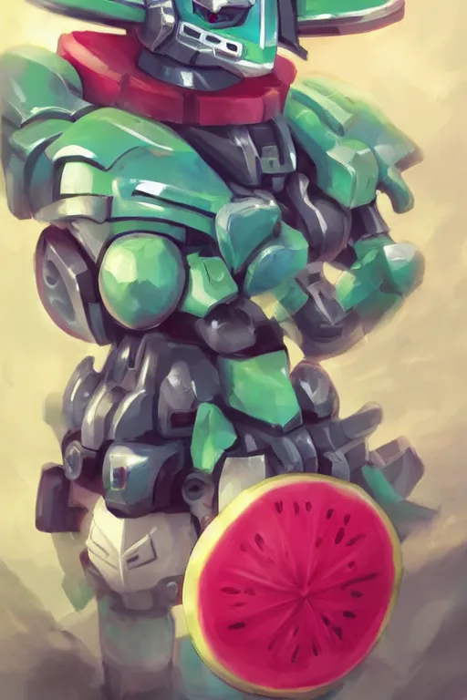 Image similar to cute anthropomorphic watermelon Gundam, Gundam made of watermelon, tiny, small, miniature Gundam, baby watermelon Robot, short, pale blue armor, cute and adorable, pretty, beautiful, DnD character art portrait, matte fantasy painting, cgsociety Artstation, by Jason Felix by Steve Argyle by Tyler Jacobson by Peter Mohrbacher, cinematic lighting