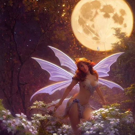 Image similar to attractive fairy magically floating high in the night, fantasy, full moon in background. highly detailed painting by gaston bussiere, craig mullins, j. c. leyendecker, mid shot, 8 k realistic, cryengine, frostbite 3 engine, sharp focus